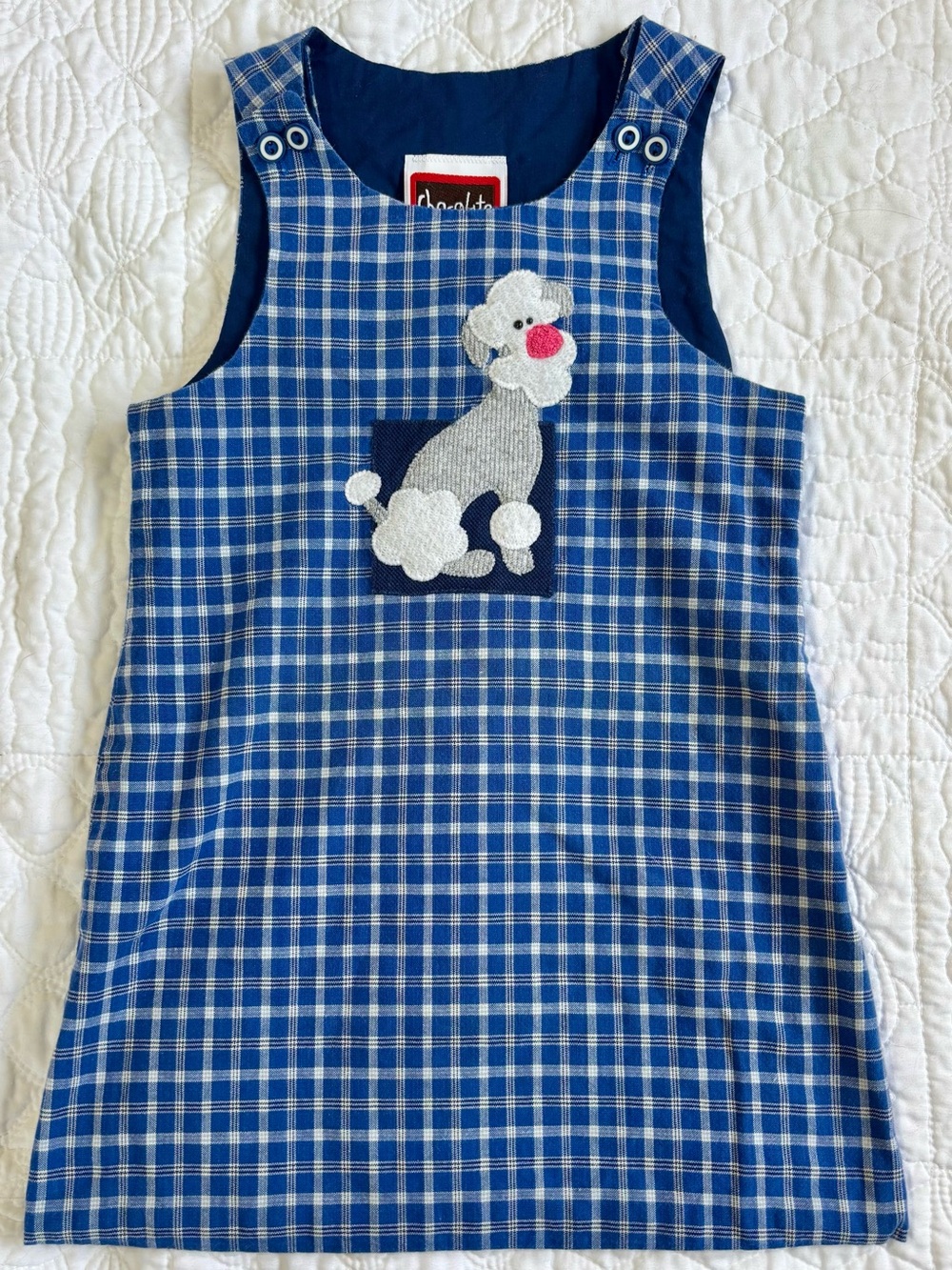VTG CHOCOLATE SOUP Blue & White Jumper Dress 4T White And Gray Poodle RARE